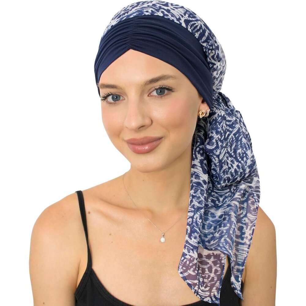 Women’s  Navy Pattern Scarf Skull Cap Chemo Headwear Hair Loss Turban